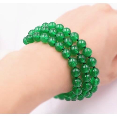 3 Rows Charms Bracelet for Women Natural Stone Green Jades 8mm Round Beads Chalcedony Beaded Strand Bangle Jewelry 7.5inch A563
