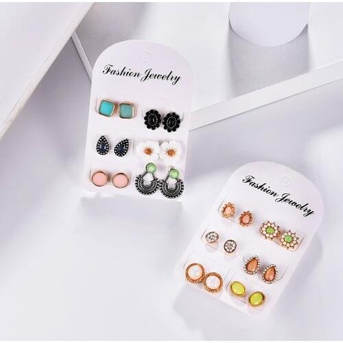 Bohemia Flower Stone Stud Earring Set For Women Fashion Cubic Zirconia Round Earring Statement Ethnic Party Vintage Jewelry Gift