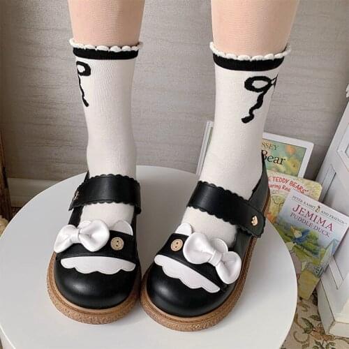 New Anime Lolita Shoes Womens Round Head Japanese Cute Soft Girl Student Patchwork Bow Kawaii Velcro Tea Party Harujuku Cosplay