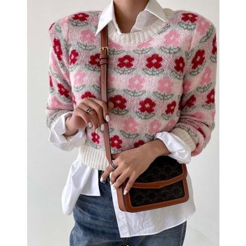 Womens Chic Floral O Neck Short Sweater Spring Autumn Elegant Casual Streetwear Pullover Jumpers Ladies Long Sleeve Knitted Top
