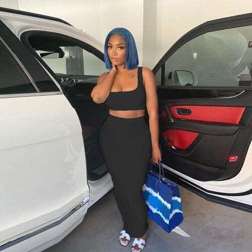 Solid Sexy Cleavage Bandage Two Pieces Set Women Sleeveless Skinny Tank Vest Tops+high Waist Bodycon Maxi Skirts Matching Sets