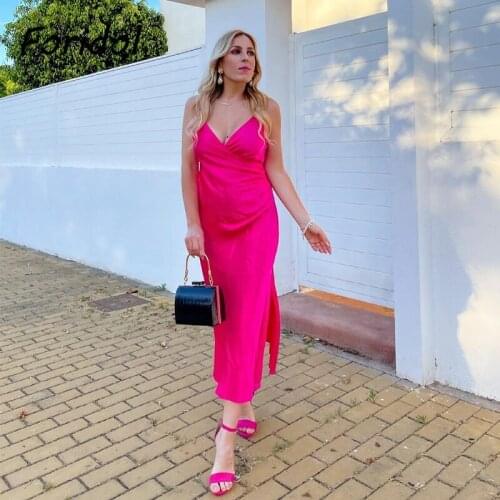 Foridol Sleeveless Satin Party Autumn Winter Midi Dress Women Rose Red V Neck Green Maxi Dresses Backless Vestidos De Fiesta