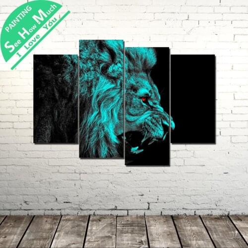 4 Piece Gray Lion Modern Wall Art Canvas Painting Posters and Prints Framed Art Painting Pictures for Home Decoration