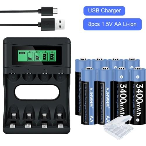 AJNWNM 1.5v AA Battery Rechargeable 3000mWh AA Rechargeable Battery 1.5v with LCD Charger for 1.5V Lithium Li-ion AA AAA Battery