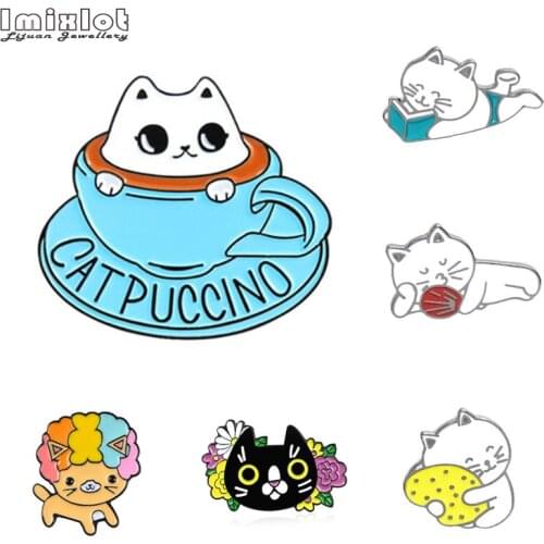 Cartoon Animal Brooches Black White Cat Dog Enamel Pins Button Clothes Collar Lapel Pin Badge Jewelry Gift For Kids Girls