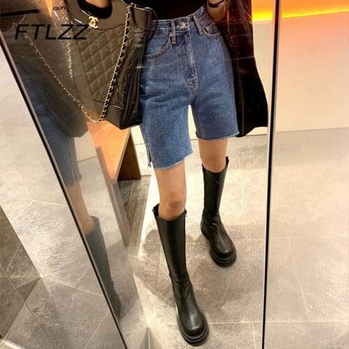 New Women Biker Denim Pants Summer High Waisted Vintage Streetwear Jeans Pants Knee Length Blue Bottoms Skinny Jeans