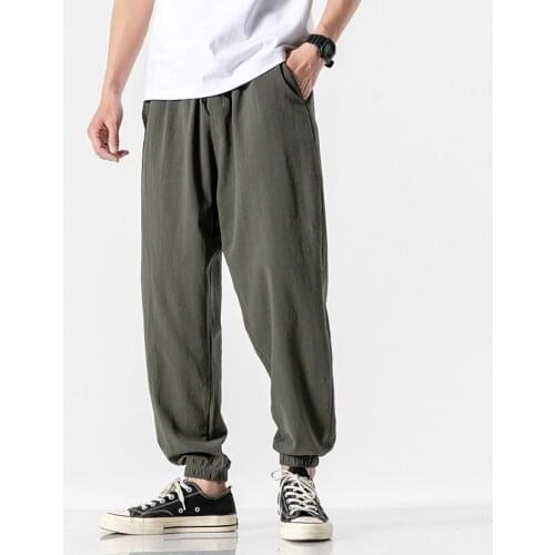 Cotton Linen Mans Joggers 2021 Men Solid Color Casual Harem Pants Baggy Male Solid Color Pants Men Clothing