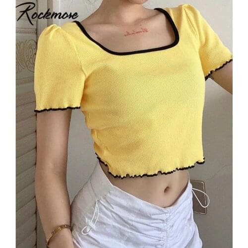 Rockmore Y2K Cute Crop Top Print Kawaii Frills knit Tshirts Women O Neck Short Sleeve 90s Aesthetic E Girl Harajuku Tees Summer