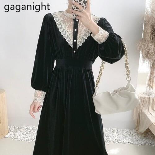 Gaganight Spring Autumn Lace O-Neck French A-Line Dresses Elegant Basic Black Vestidos Office Ladies Hollow Out Buttons 2021 New
