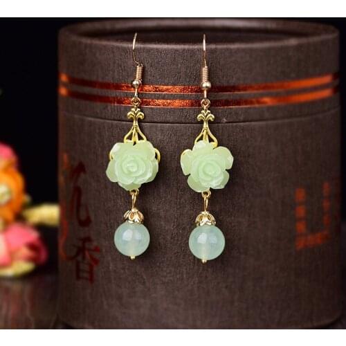 Dainty Green Jade Charming Purple Flower Drop Earrings Round Glass Long Dangle Ethnic Earrings For Women Vintage Fashion Jewelry