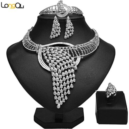 Longqu Dubai sliver plated Jewelry Set Wholesale Nigerian Wedding accessories jewelry set statement woman Costume Jewelry Set