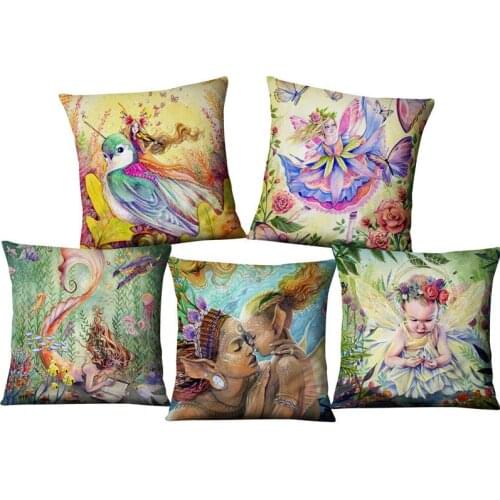 Flower Fairy Tale Mermaid Cushion Cover Set Oil Painting Character Plant Bird Green Blue Linen Throw Pillow Case Room Decoration