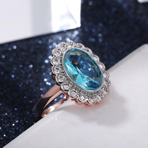 Charm Bride Oval Flower Zircon Engagement Ring Trendy Female Aqua Blue Crystal Ring Boho Rose Gold Color Wedding Rings For Women