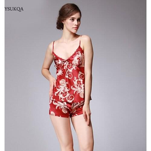 YSUKQA Sexy Faux Silk Nightgown Satin Pajamas Set Lace Trim Pajama Short Pant Sleepwear Sets For Women