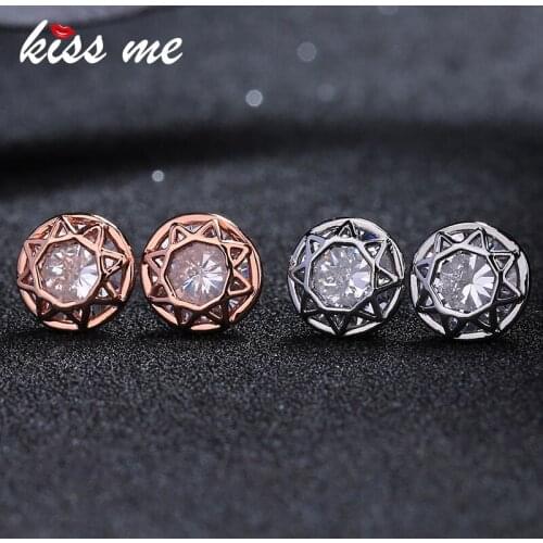 KISS ME Cubic Zirconia Earrings for Women Korean Fashion Rose Gold Color Copper Wedding Stud Earrings Luxury Jewelry