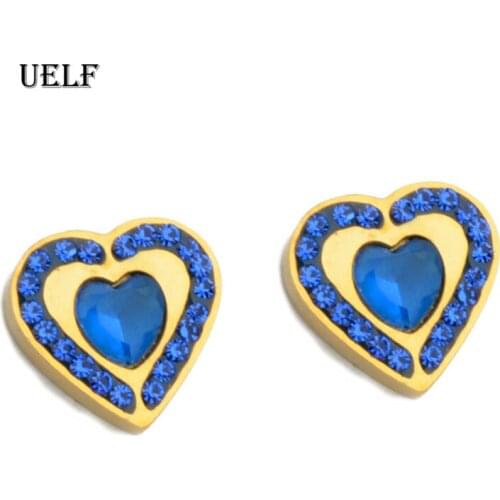 Uelf Bohemian Blue Color Lovery Heart Stud Earring For Women Trendy Rhinestone Statement Wedding Jewelry Gift