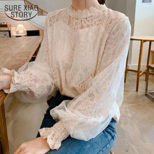 Spring O-neck Woman Shirt Lace Blouse Women 2021 Long Sleeve Sweet Female Camisa Korean Top Vintage Office Lady Clothes
