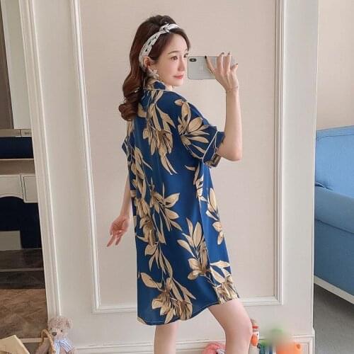 2021 Spring Summer Silk Womens Sleepwear Short Sexy Sleepshirt Long Print Ladies Nightgown Shirt Girl Outwear Nightdress