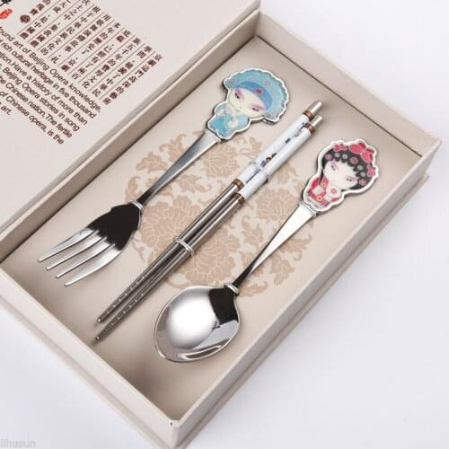 Vintage Chinese Stainless Steel Beijing Opera Chopsticks&Fork&Spoons Gift Set