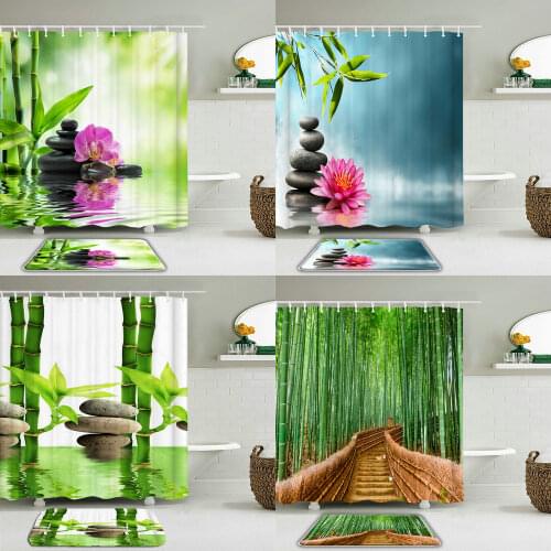 Jardin Zen Shower Curtain Set With Hooks fabric 3d bathroom shower curtains Green curtain waterproof Bath Curtains Or Mat