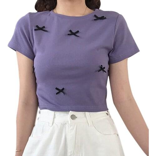 Womens Simple Bow T-Shirt Summer Retro Tees Style Round Neck Little Fresh Korean Style Tops
