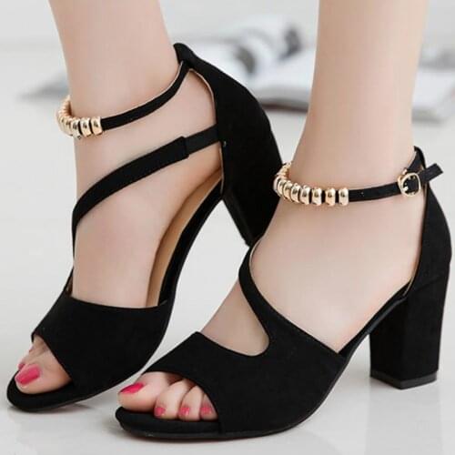 2021 Spring Summer Sexy Fish Mouth Hollow Roman Sandals Thick with Word with Beaded High Heels Female Summer Sexy Female Sandals