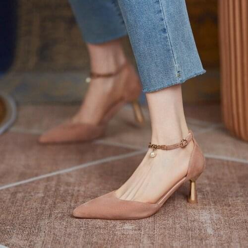2021 New Kid Suede Fashion Pointed Toe Spring Summer Female Pumps Ankle Strap Buckle Thin High Heel Women Shoes Size 34-40