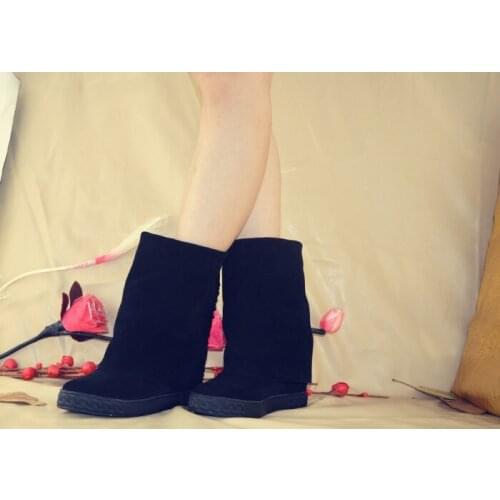 Height Increasing 2019 Winter Shoes Woman Furry Fur Snow Boots Chains Luxury Platform High Heels Wedge Suede Leather Black Shoes