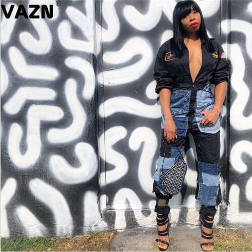 VAZN Hot Special Denim Patchwork Smart Lazy High Street Style Black Casual Full Sleeve Women High Waist Long Pencil Jumpsuits