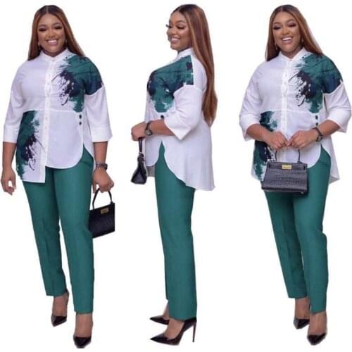 3XL Plus Size 2021 New Women Long Sleeve Stand Collar Printing Irregular Spilt Shirts+Suit Pants Two Piece Set Office Blouse