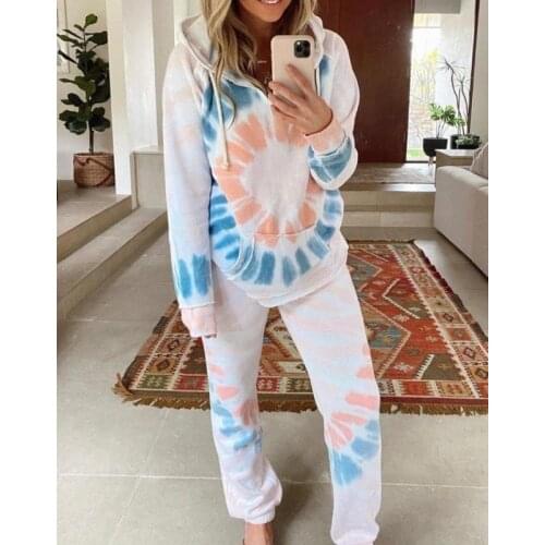 Pajama set women casual long-sleeve trousers 2 piece suit women printing tie-dye hooded trousers pants home service set