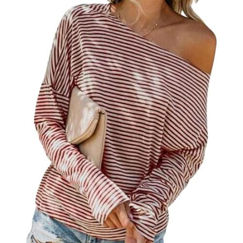 2021 Women Oversized Off-Shoulder Top T-Shirt Casual Long-Sleeved Red Striped Two-Wear Oblique Shoulder Printed Loose Top