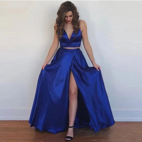 Elegant slit satin two-pieces vestidos de fiesta de noche prom party Evening Dresses robe de soiree vestidos de fiesta de noche