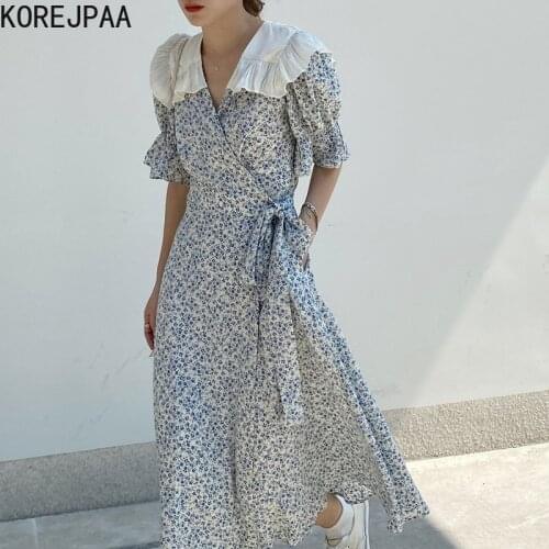 Korejpaa Women Dress 2021 Korean Chic Summer French Retro Doll Collar Floral One Piece Lace-up Waist Flared Sleeve Long Vestido
