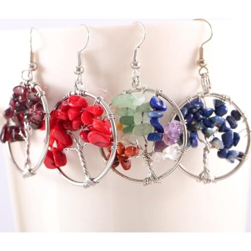 Tree of Life - Double Sided Women Jewelry Natural Stone Beads Red Tourmaline Pink Crystal Round Hook Dangle Earrings 1Pair
