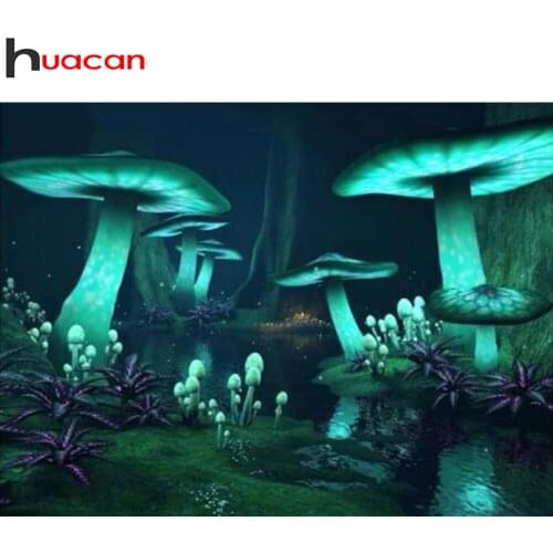 Huacan 5d Diamond Painting Mushroom Fantasy Diamond Art Embroidery Mosaic Forest Night River Scenery Sticker Decor