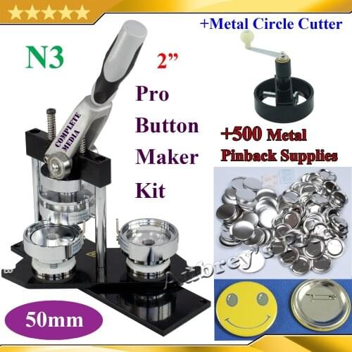 NEW Pro N3 2":50mm Badge Button Maker Machine + Adjustable Metal Circle Cutter+ 500 Set Metal Pinback Button Supplies