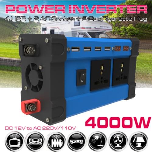 4000W Car Power Inverter 12V 220V 110V DC To AC Solar Inversor 12 V 220V Sine Wave Convertor Auto Inverter Multi-Color Display