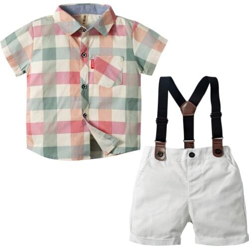 Kids Baby Boy Shirt Plaid Suit Clothing Pink + White Belt Shorts For Toddler Party Birthday Toddler Boys Festive Costume