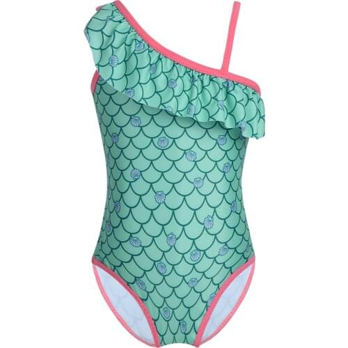 Kids Girls One-piece Swimsuit Mermaid Scales Printed Ruffled One-shoulder Swimsuit Swimwear Children Bathing Suit SZ 12 Months-8