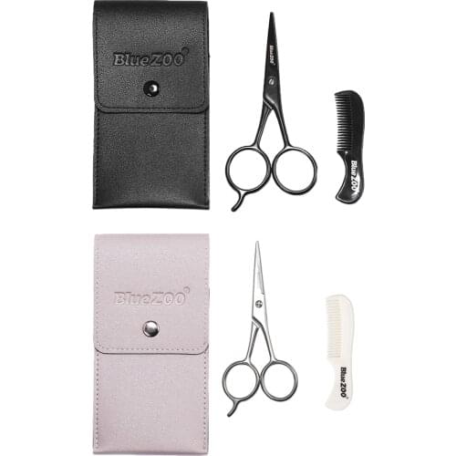 Men Beard Scissors Mustache Grooming Styling Comb Set with PU Leather Bag, Suit for Home or Travel
