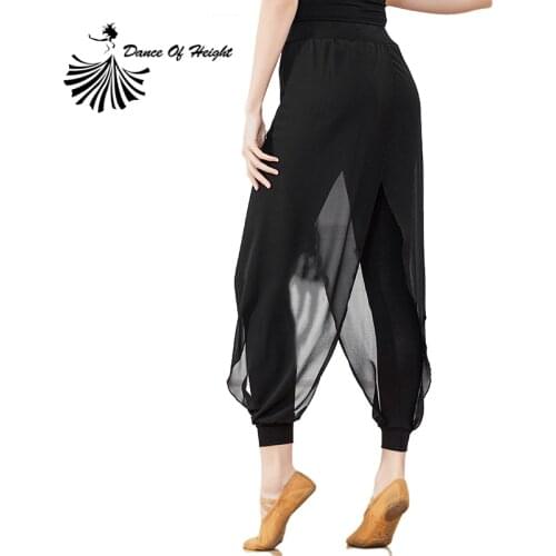 Women Yoga Modern Dance Practice Pants 2 Layer Chiffon With Modal Dancer Wear Latin Dance Pants Elastic Waist Ankle Banded Pants