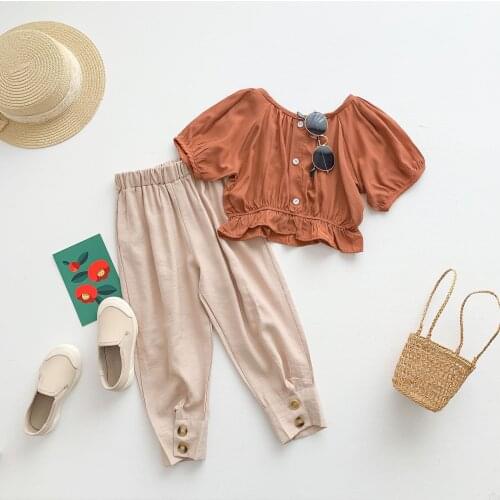 FOCUSNORM 2-8Y Fashion Kids Girls Clothes Sets 2pcs Ruffles Short Sleeve Solid T Shirts Long Causal Pants