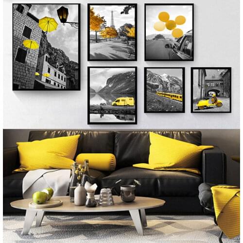 Picture For Living Room Decoration Poster And Print Black And White Landscape Nordic Canvas Painting Set Art Yellow Scenery Wall