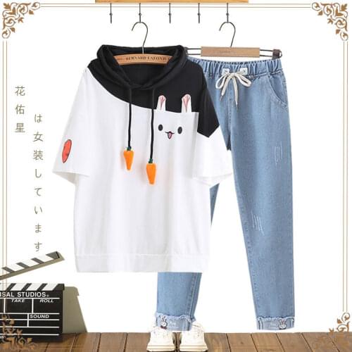 Suit Summer Womens Short-sleeved T-shirt Two-piece Cute Loose T-shirt Womens Womens Summer Sportswear Pants Suit