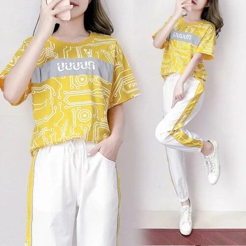 Printing Korean sports short sleeve Suit Women Casual loose big size Lace-up full length pant sets Ladies summeTwo Piece Set