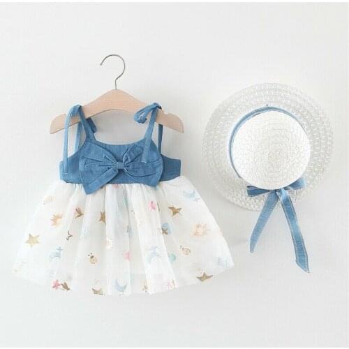 Fashion Infant Kid Baby Girl Summer Denim Suspender Princess Tutu Dress With Hat