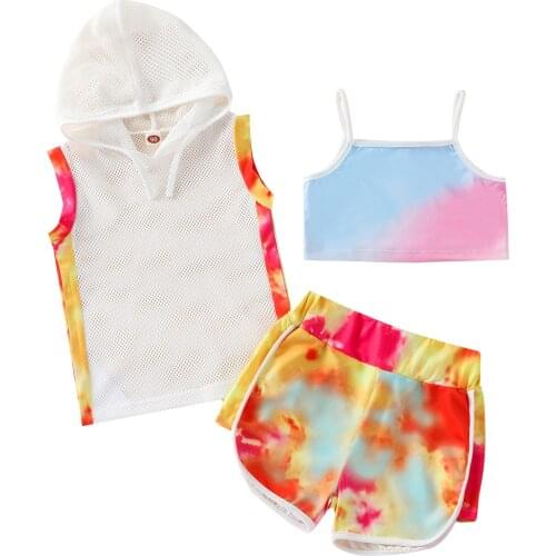 Fashion 3 Pieces Kids Suit Set Summer Tie-Dyed Sleeveless Hooded Coat+ Spaghetti Strap Vest+ Shorts, 1-6 Years