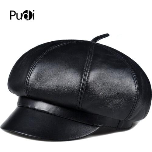 Pudi Man Real Sheep Leather Cap Hat Beret Womens Hats Fashionable Fall Hats Octagonal Caps HL903