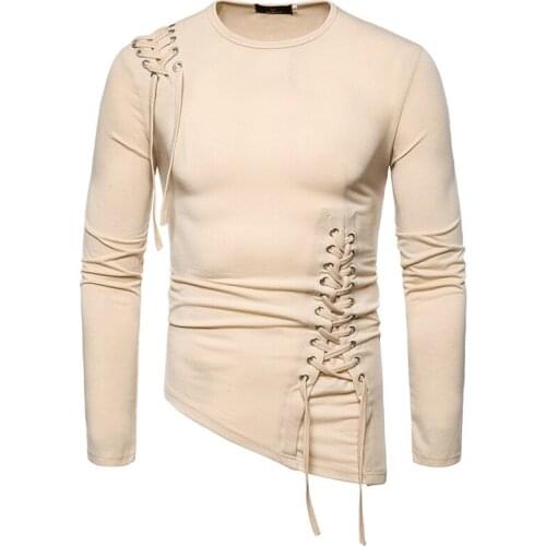 Mens Trend Slim Tether Round Neck Solid Color Long Sleeve Shirt